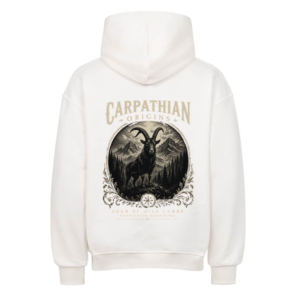 CARPATHIAN ORIGINS Hoodie in Weiß mit großem Ziegen- und Karpaten-Backprint