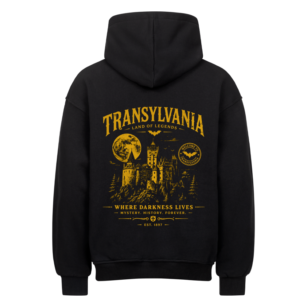 TRANSYLVANIA Heavyweight Oversized Hoodie in Schwarz mit gelbem Schloss- und Mond-Backprint