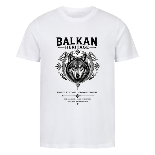 BALKAN HERITAGE Premium Organic T-Shirt in Weiß mit großem Wolf-Frontprint