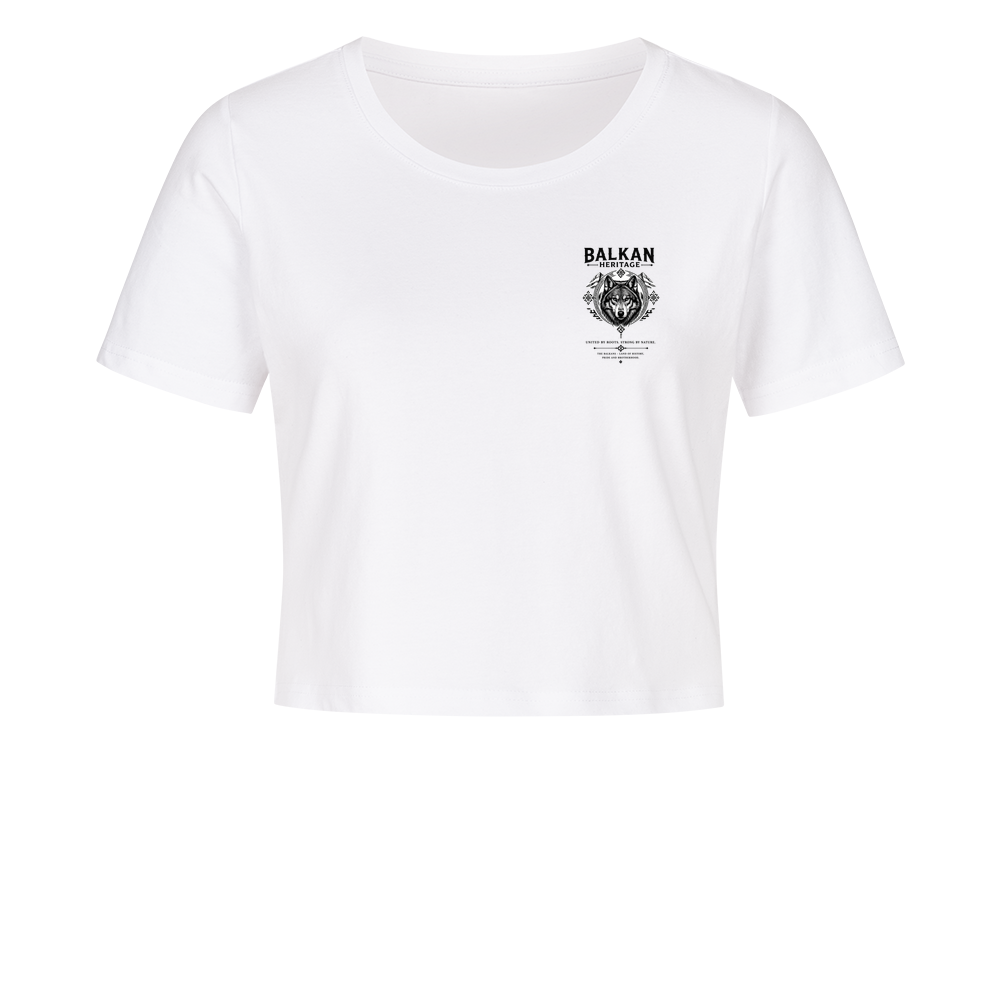 BALKAN HERITAGE Wolf Cropped Damen T-Shirt in Weiß mit Brustprint links