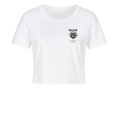 BALKAN HERITAGE Wolf Cropped Damen T-Shirt in Weiß mit Brustprint links