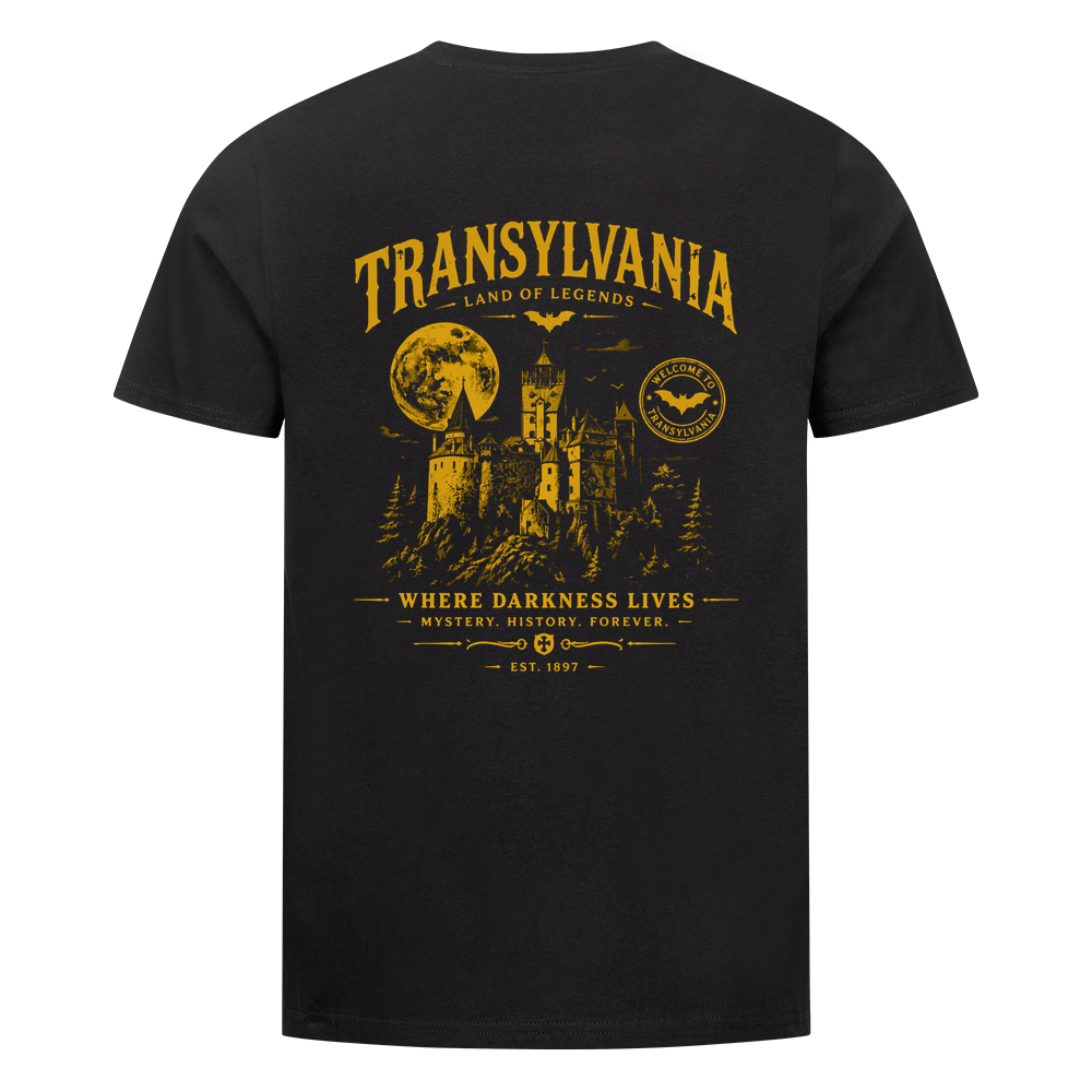 Transylvania Land of Legends Organic Unisex T-Shirt in Schwarz mit Schloss- und Mond-Backprint