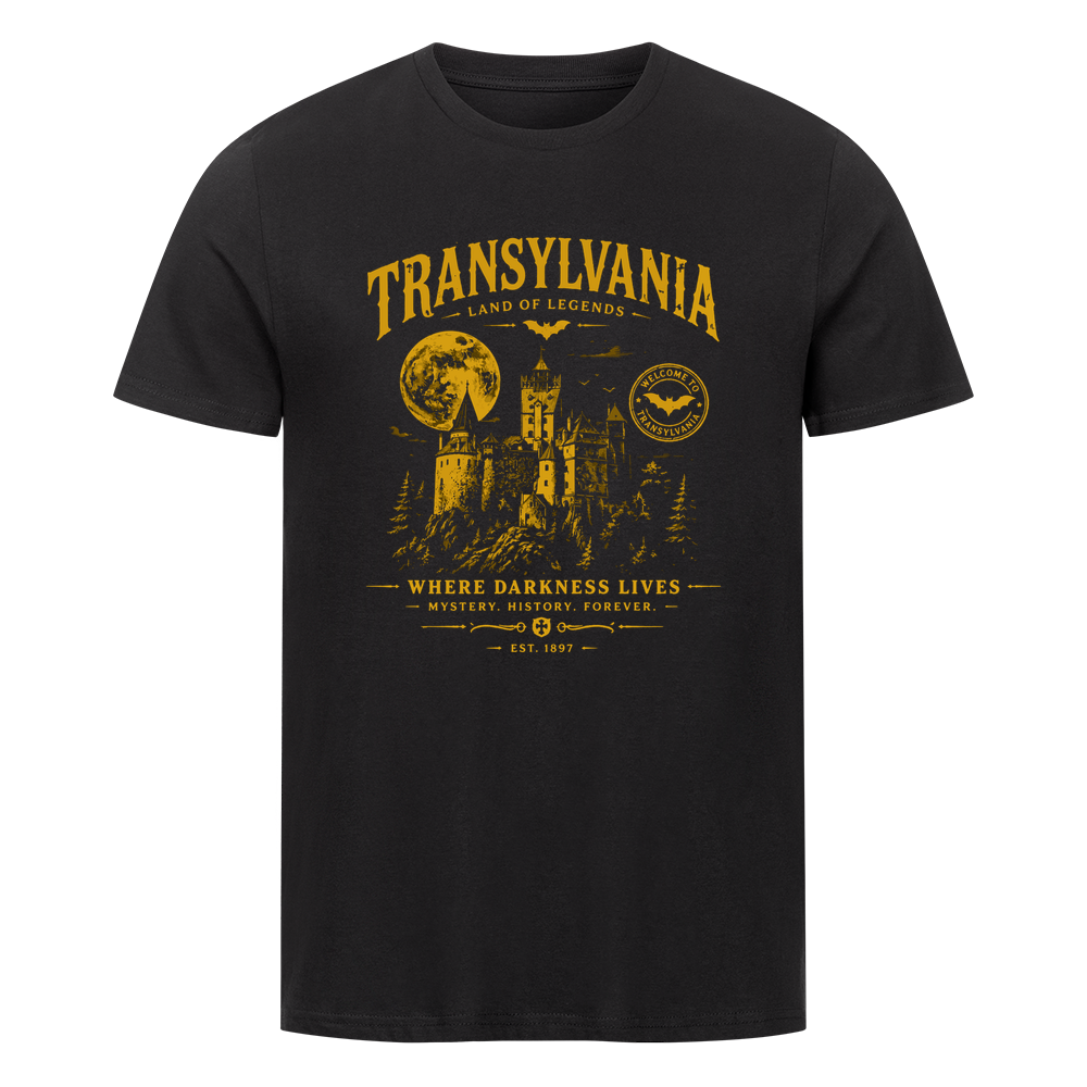 Transylvania Land of Legends Organic Unisex T-Shirt in Schwarz mit Schloss- und Mond-Frontprint