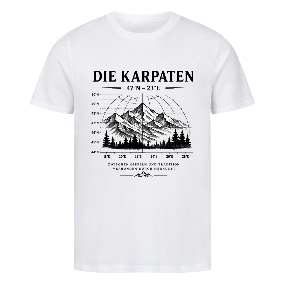 Die Karpaten Organic Unisex T-Shirt in Weiß mit Bergmotiv und Koordinaten-Frontprint