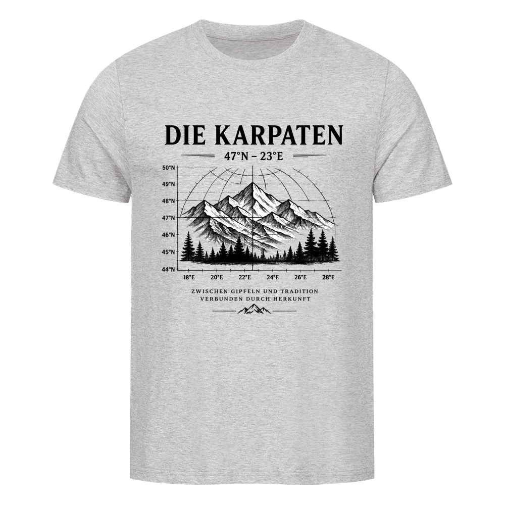 Die Karpaten Organic Unisex T-Shirt in Heather Grey mit Bergmotiv und Koordinaten-Frontprint