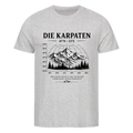 Die Karpaten Organic Unisex T-Shirt in Heather Grey mit Bergmotiv und Koordinaten-Frontprint
