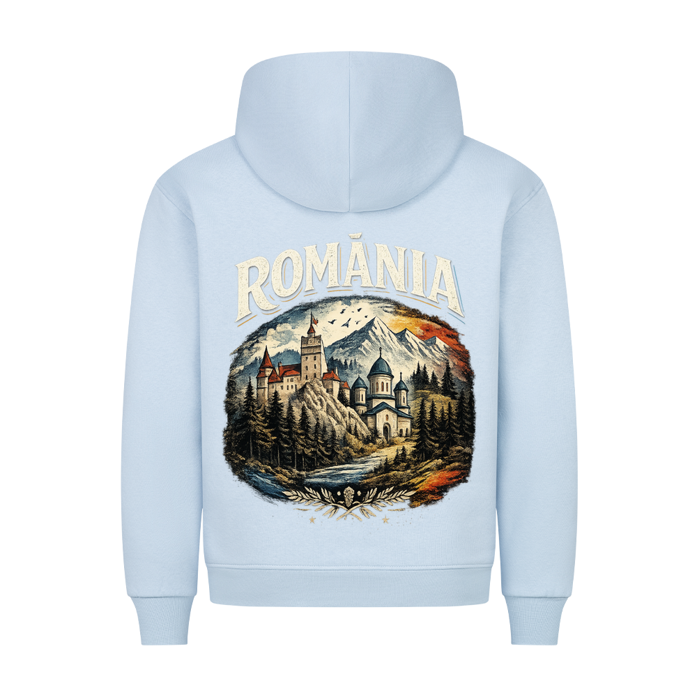 ROMÂNIA Heritage Oversized Hoodie in Babyblau – Balkan Heritage Streetwear von CAPRANOIRLAB