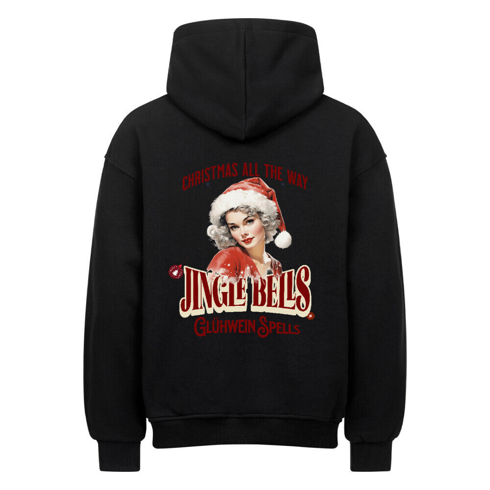 Schwarzer Hoodie mit auffälligem Retro-Weihnachtsdesign ‚Jingle Bells – Glühwein Spells‘ und Pin-up Santa-Motiv hinten