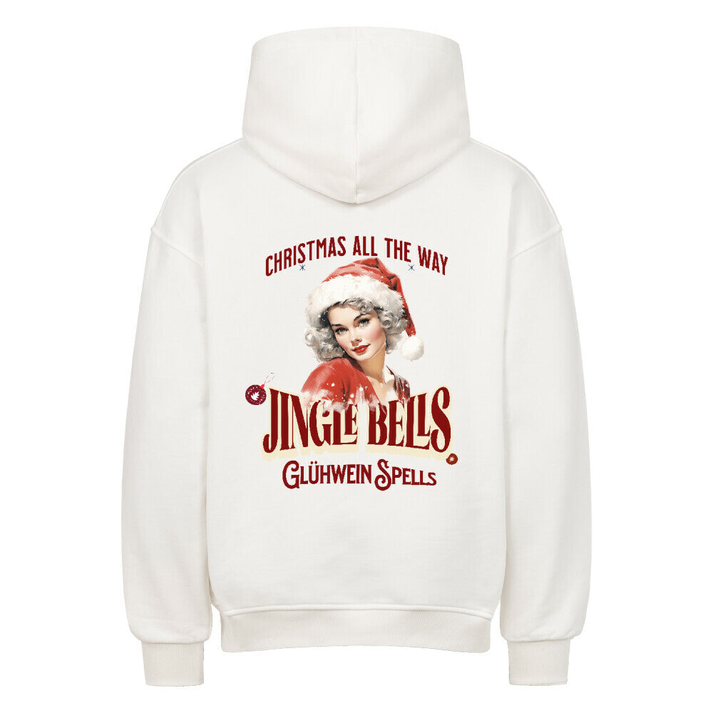Weißer Hoodie mit weihnachtlichem Retro-Print ‚Jingle Bells – Glühwein Spells‘ und Pin-up Weihnachtsmotiv auf der Rückseite