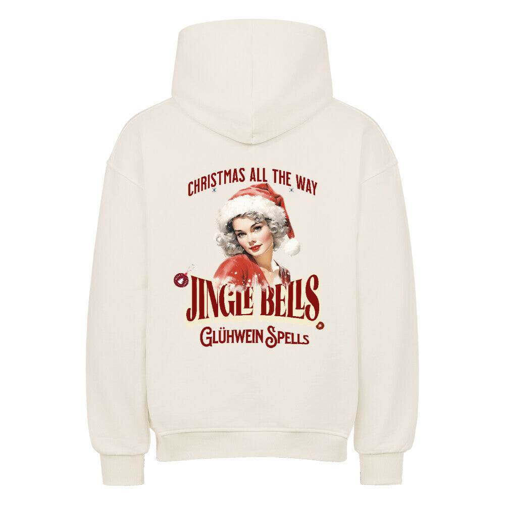 Beiger Hoodie mit nostalgischem Christmas-Print ‚Jingle Bells – Glühwein Spells‘ und Retro-Pin-up Motiv auf dem Rücken