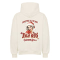 Beiger Hoodie mit nostalgischem Christmas-Print ‚Jingle Bells – Glühwein Spells‘ und Retro-Pin-up Motiv auf dem Rücken