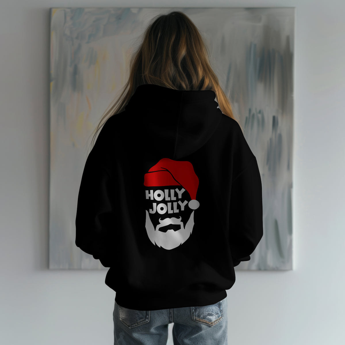 Schwarzer Hoodie mit weiß-rotem ‚Holly Jolly‘ Weihnachtsprint auf der Rückseite, präsentiert als Mode-Mockup