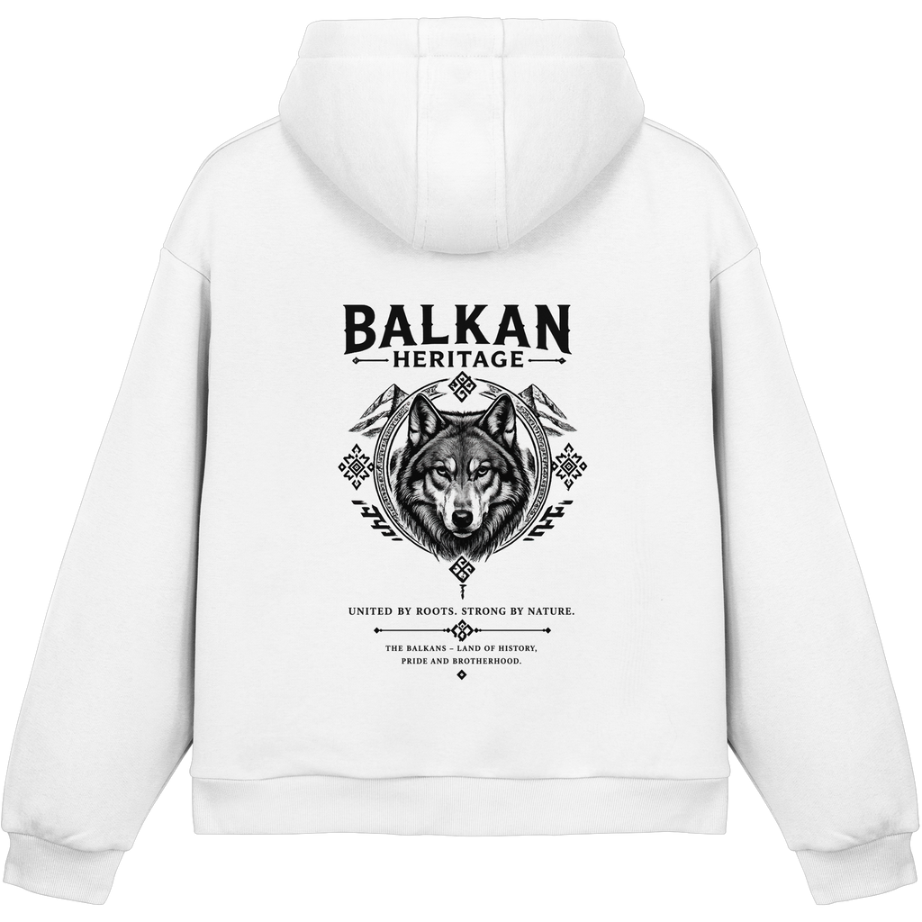 BALKAN HERITAGE Wolf Fluffy Boxcut Hoodie in Weiß mit großem Wolf-Backprint