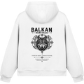 BALKAN HERITAGE Wolf Fluffy Boxcut Hoodie in Weiß mit großem Wolf-Backprint
