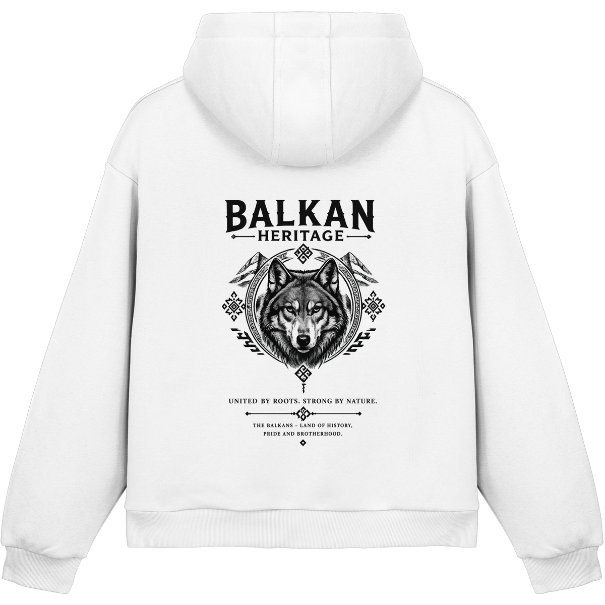 BALKAN HERITAGE Wolf Fluffy Boxcut Hoodie in Weiß mit großem Wolf-Backprint
