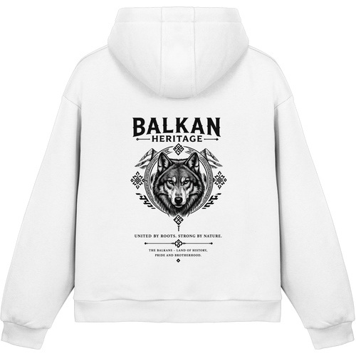 BALKAN HERITAGE Wolf Fluffy Boxcut Hoodie in Weiß mit großem Wolf-Backprint