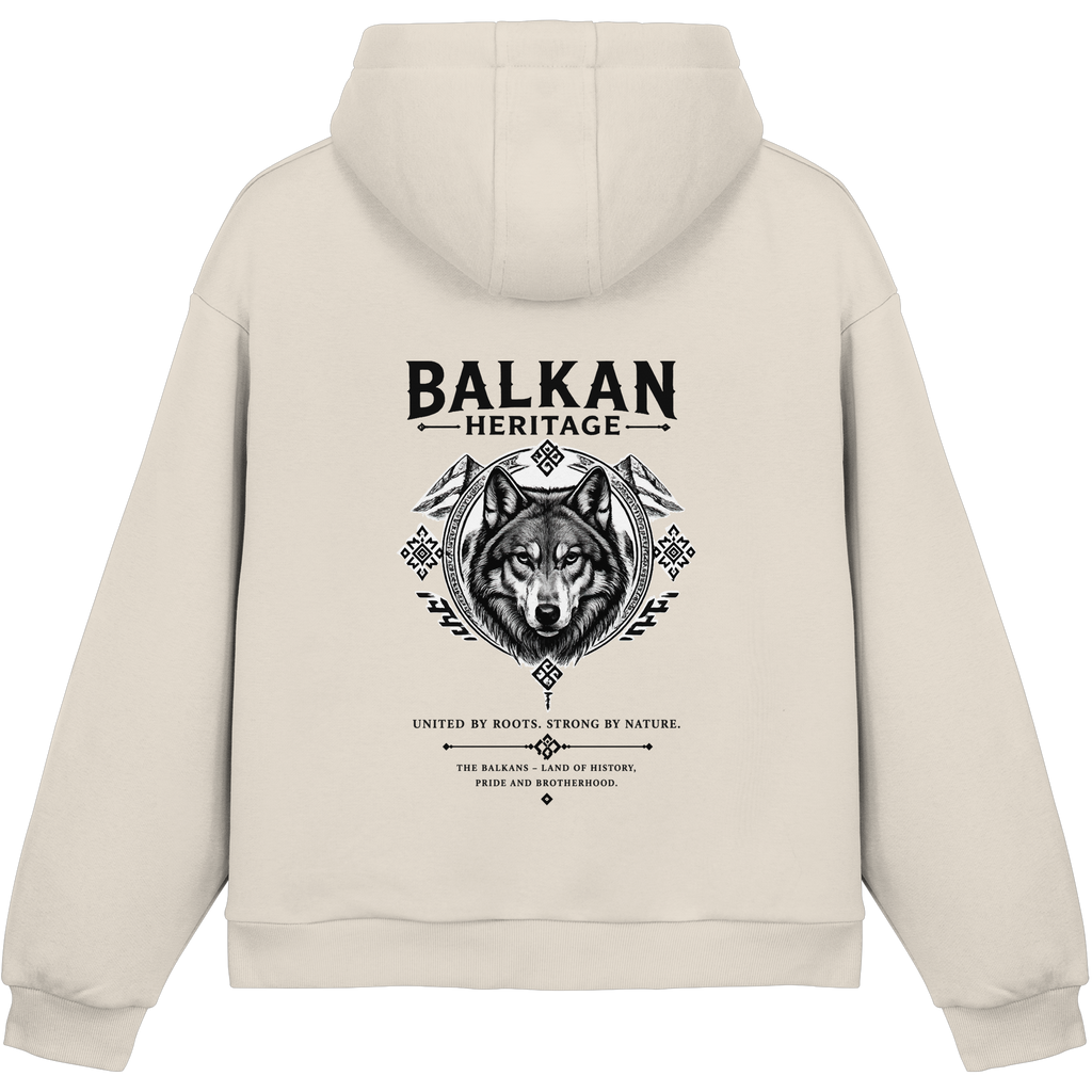 BALKAN HERITAGE Wolf Fluffy Boxcut Hoodie in White Sand mit großem Wolf-Backprint