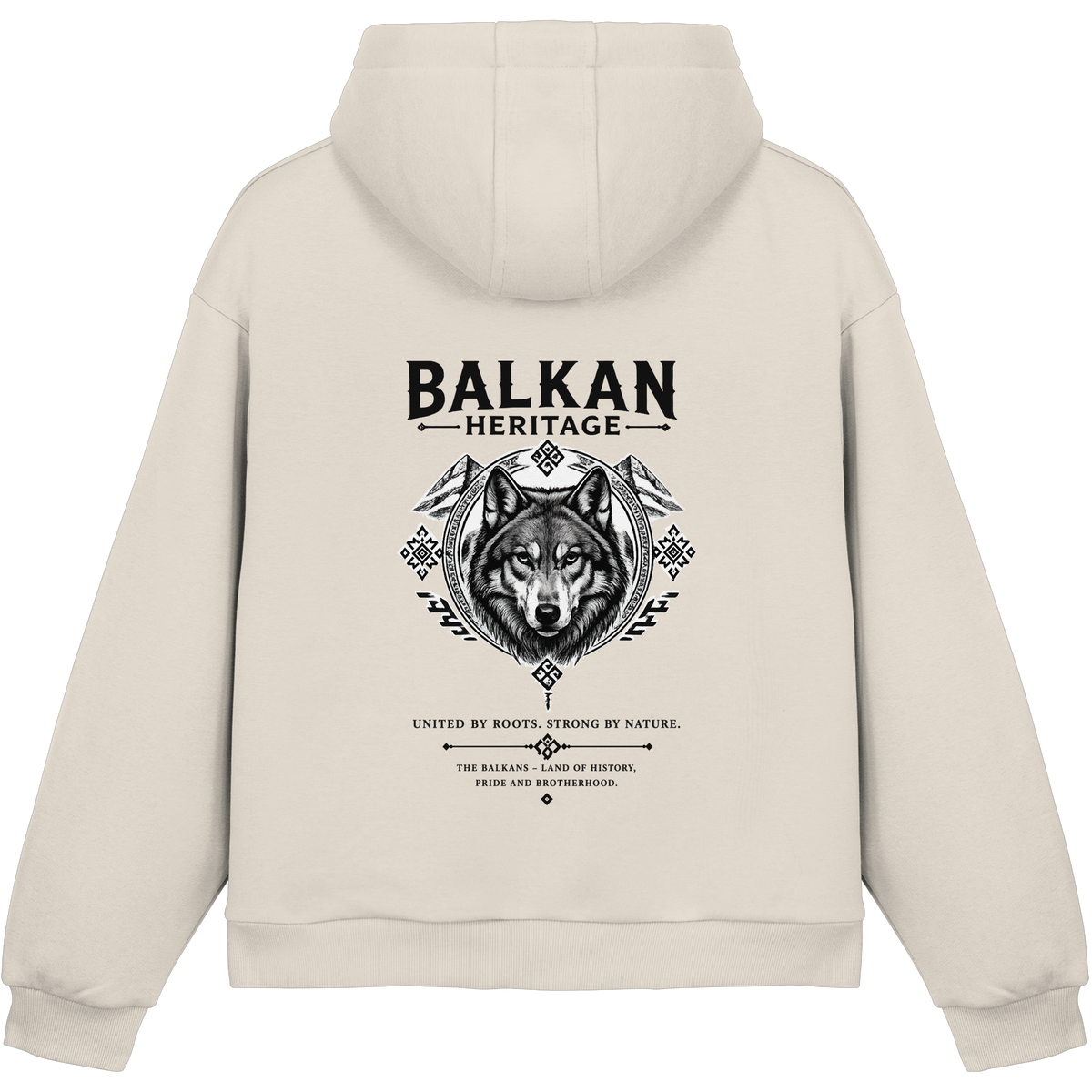 BALKAN HERITAGE Wolf Fluffy Boxcut Hoodie in White Sand mit großem Wolf-Backprint