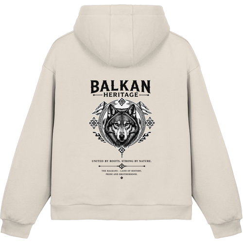 BALKAN HERITAGE Wolf Fluffy Boxcut Hoodie in White Sand mit großem Wolf-Backprint
