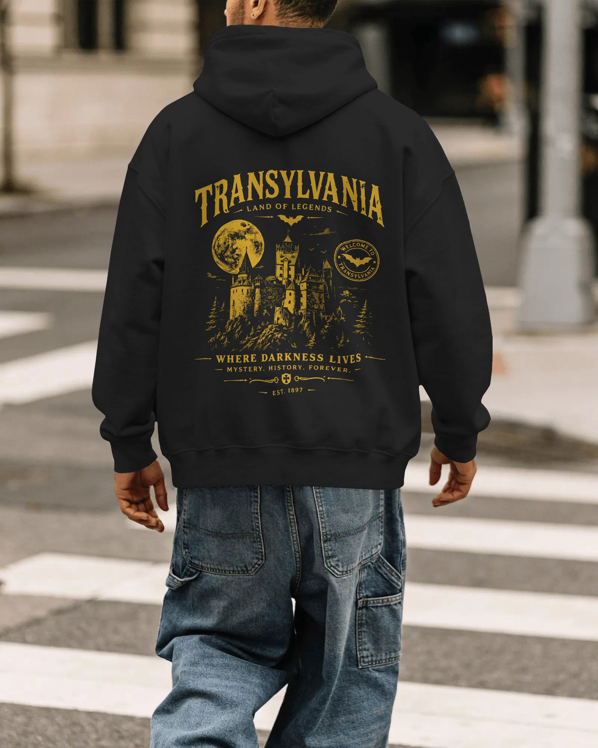TRANSYLVANIA Oversized Hoodie am Model mit Land of Legends Backprint