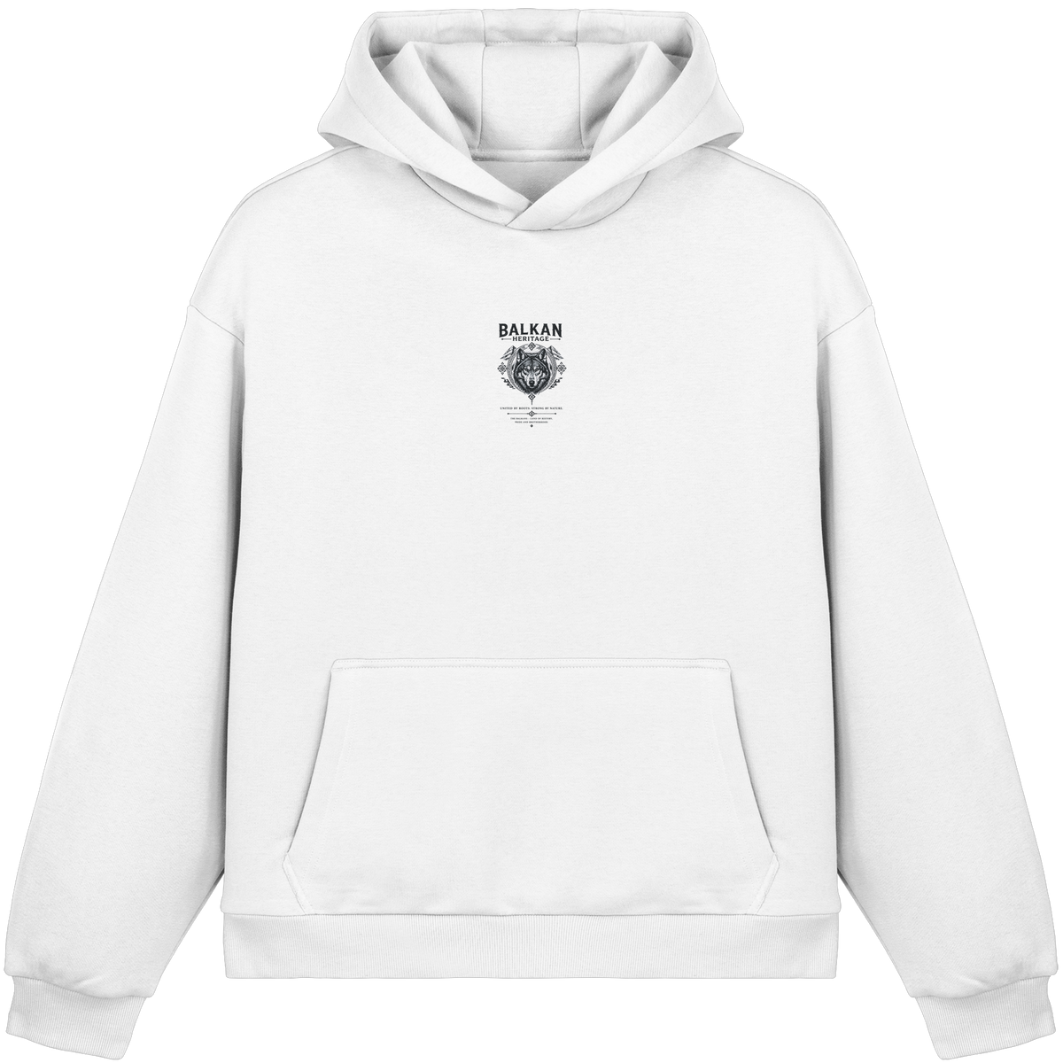 BALKAN HERITAGE Wolf Fluffy Boxcut Hoodie in Weiß mit kleiner Wolf-Stickerei mittig