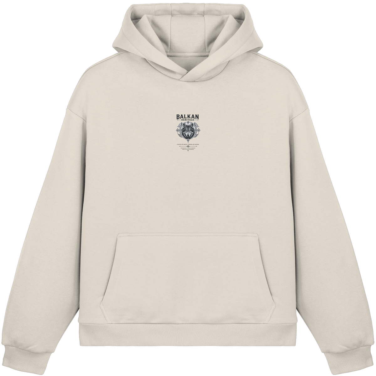 BALKAN HERITAGE Wolf Fluffy Boxcut Hoodie in White Sand mit kleiner Wolf-Stickerei mittig