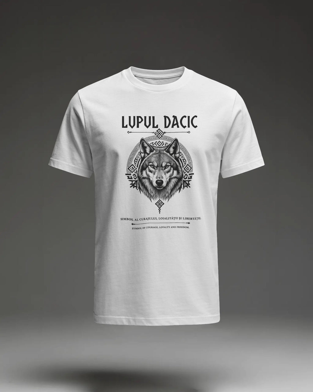 Lupul Dacic Organic Unisex T-Shirt mit zentralem dakischem Wolf-Frontprint