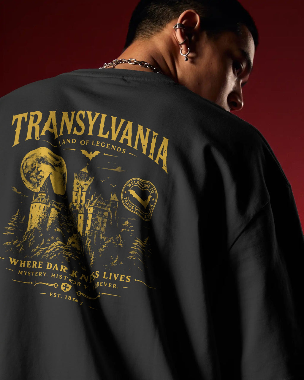 Transylvania Land of Legends Organic T-Shirt am Model mit großem Backprint