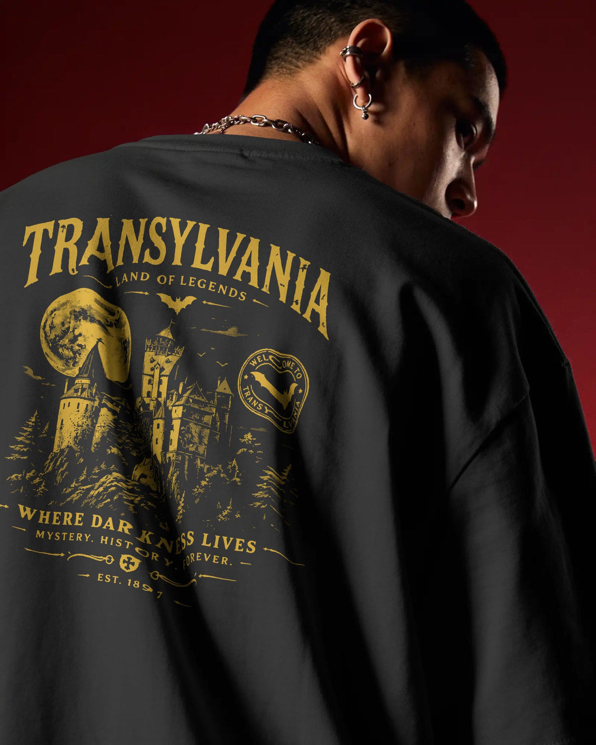 Transylvania Land of Legends Organic T-Shirt am Model mit großem Backprint